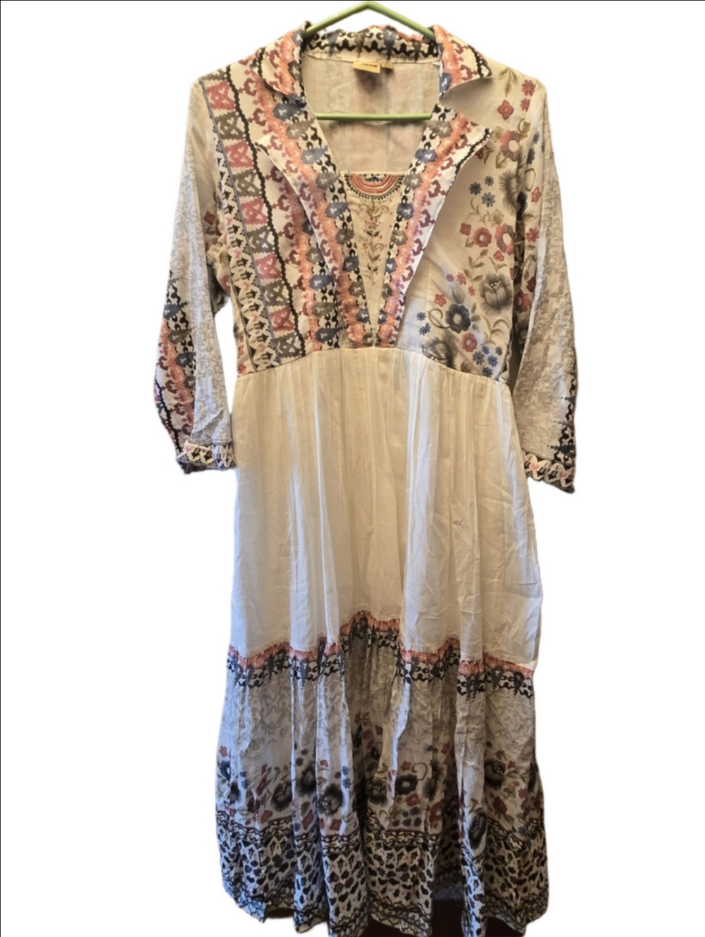Boho Patchwork Floral Midi Dress Embroidered Neck Romantic Indie